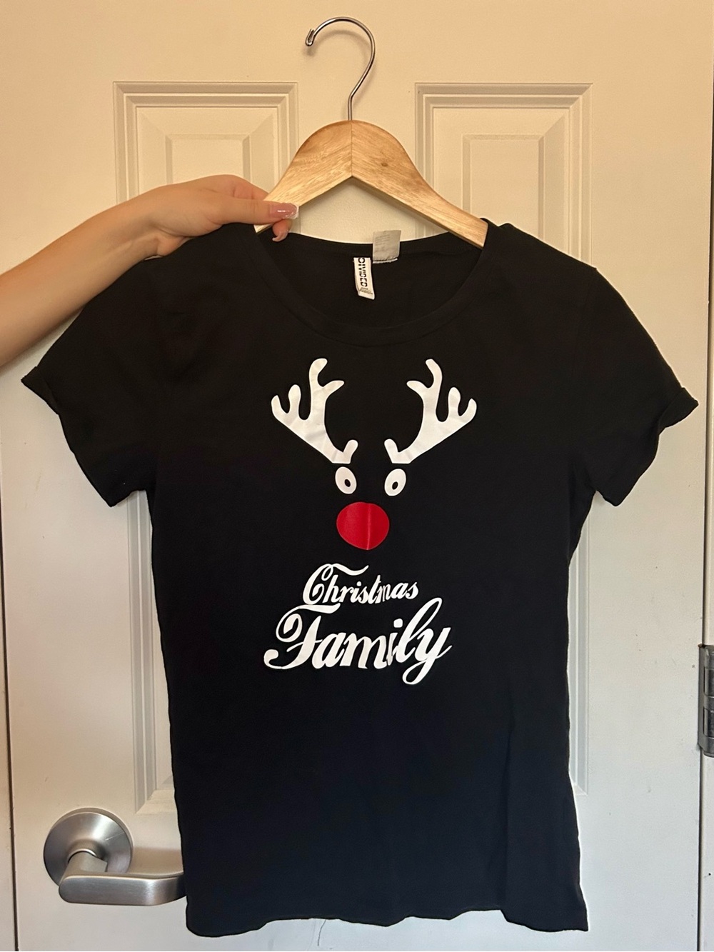 Christmas Family Black Reindeer Tee with Red Nose